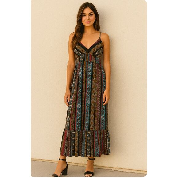 TAHARI BOHO CHIC FLOUNCE HEM MAXI DRESS DEEP ROUNDED V-NECK EMPIRE WAIST SP - Picture 1 of 11